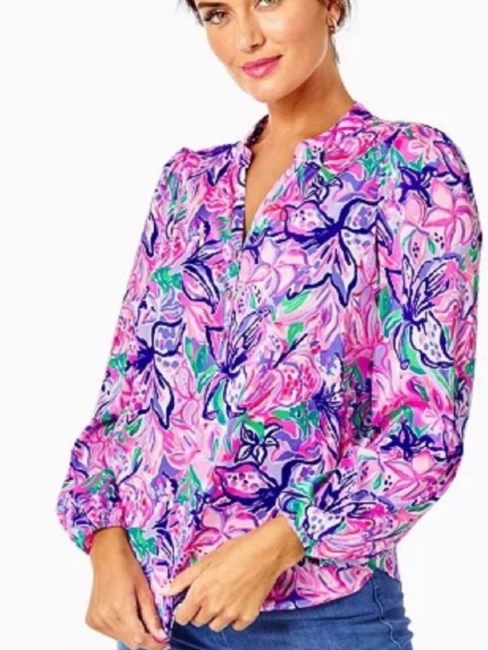 Lilly Pulitzer Marvelle Blouse “Isn’t She Lilly” Floral Print Gold Buttons XXS